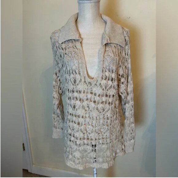 Tenne Knit Crochet Polo sweater blouse top size M - Picture 2 of 7